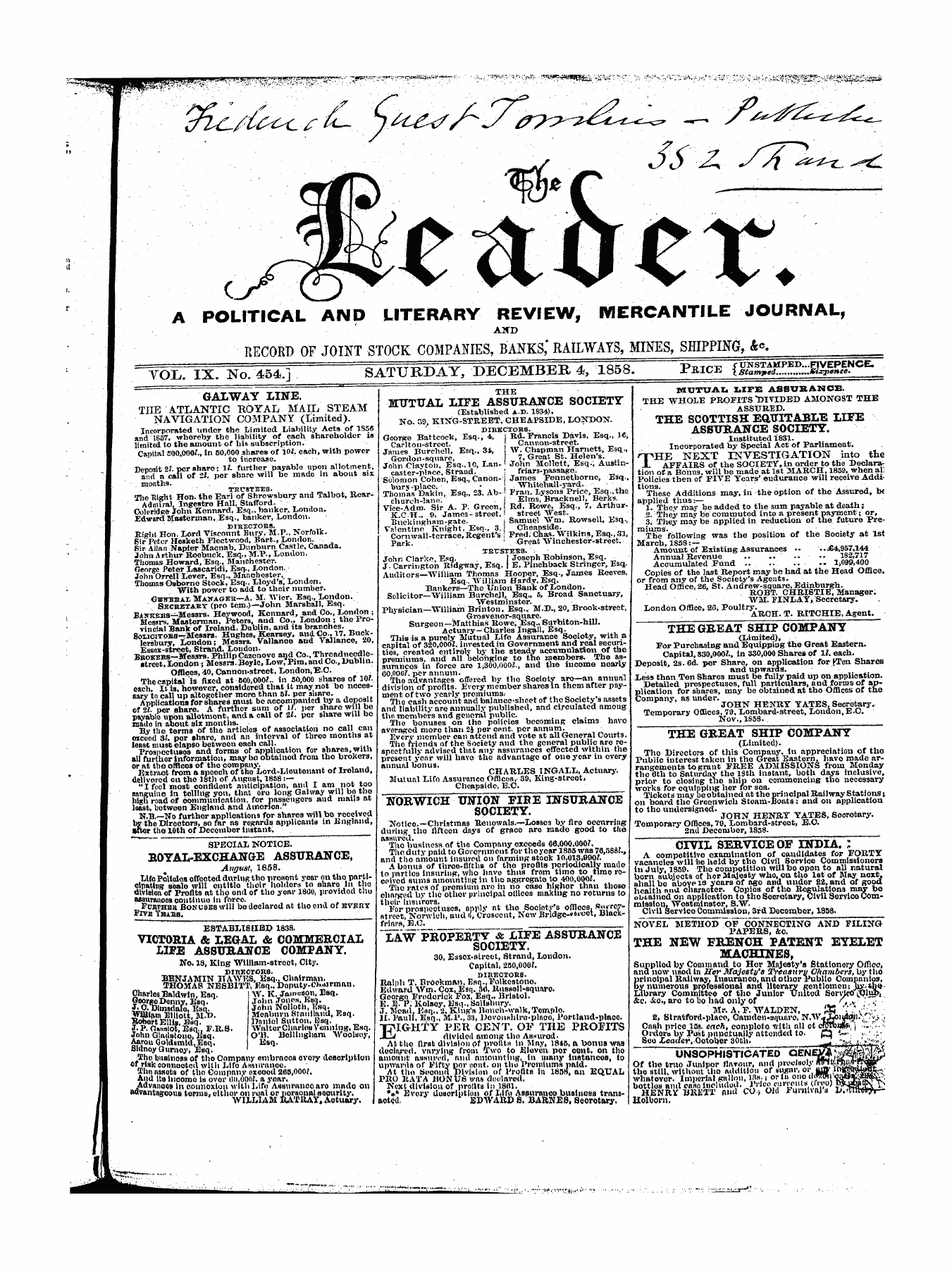 Leader (1850-1860): jS F Y, 1st edition: 1