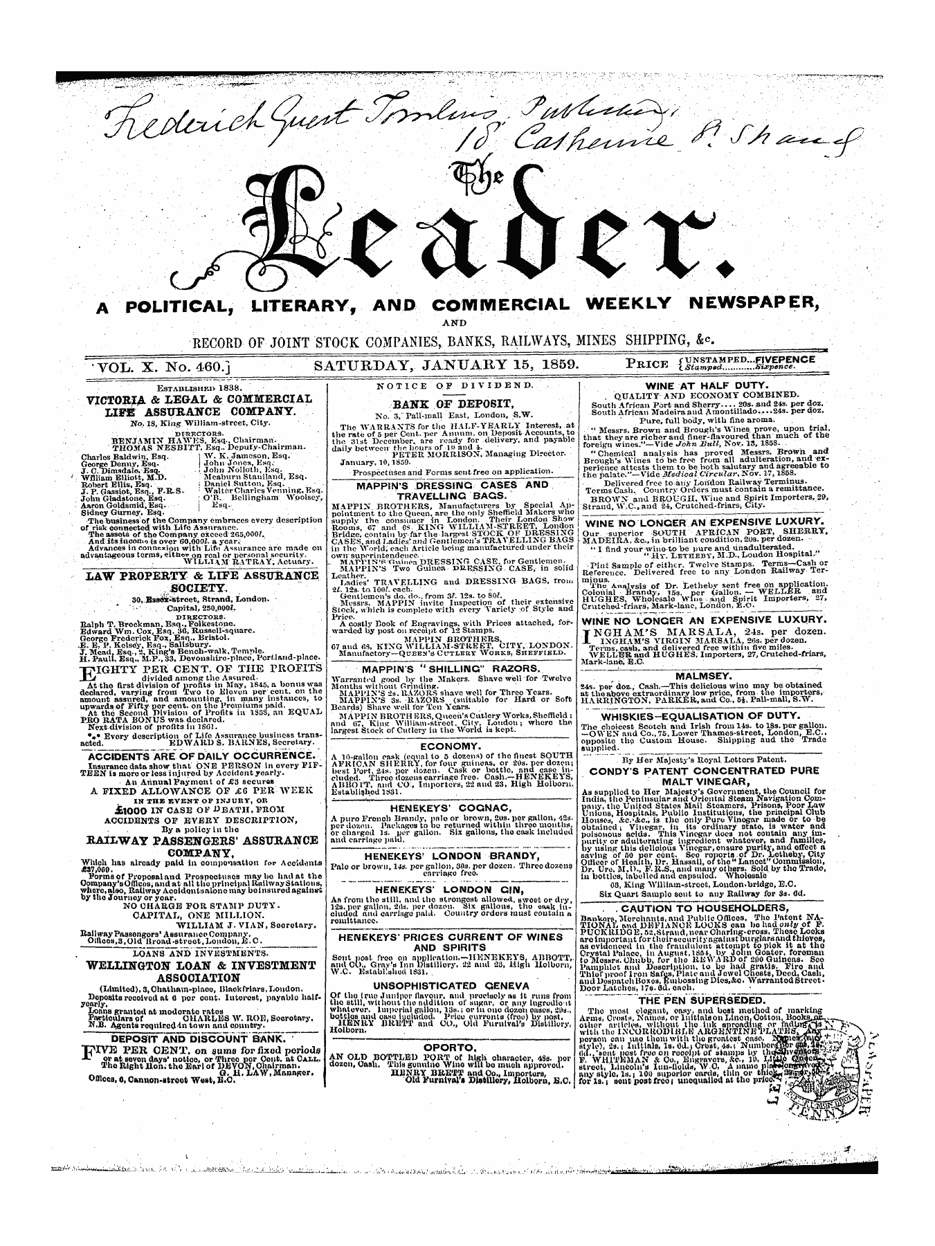 Leader (1850-1860): jS F Y, 1st edition - Untitled Ad