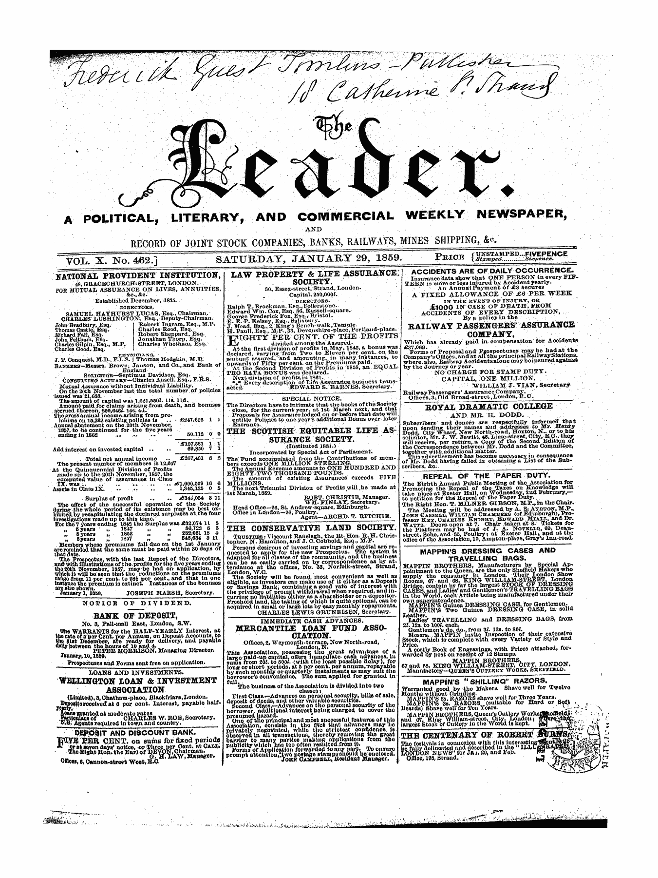 Leader (1850-1860): jS F Y, 1st edition - Untitled Ad