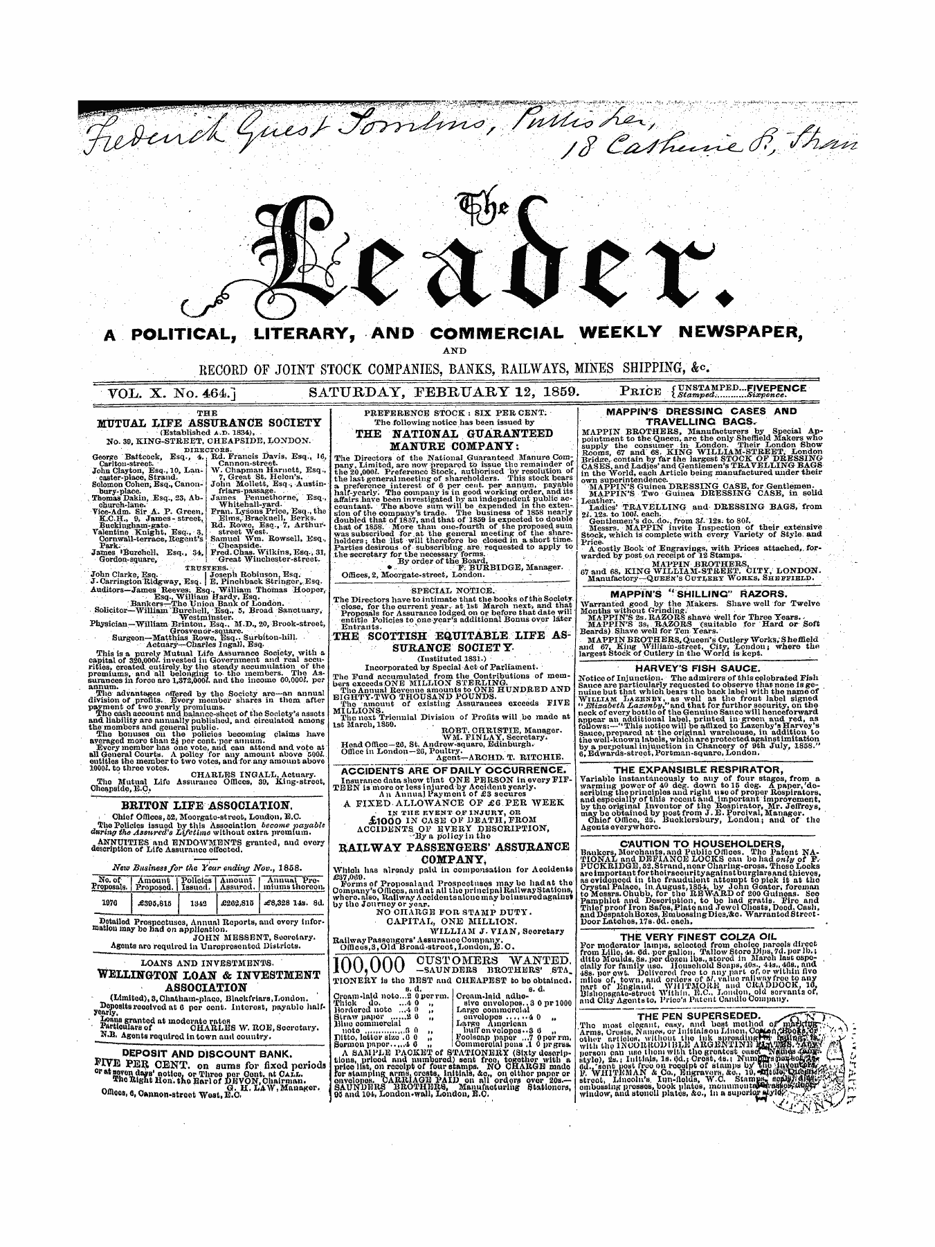 Leader (1850-1860): jS F Y, 1st edition - Untitled Ad