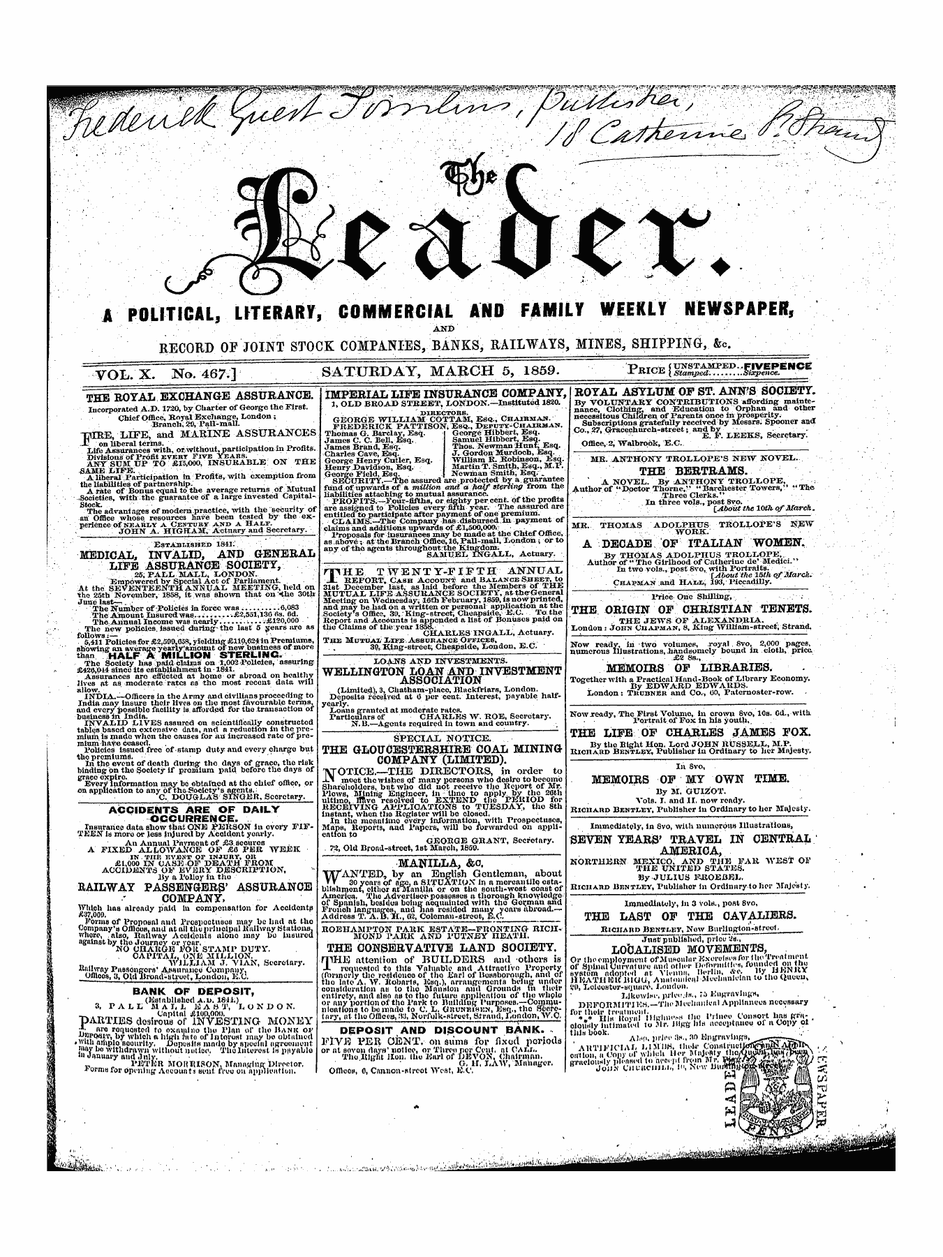 Leader (1850-1860): jS F Y, 1st edition - Untitled Ad