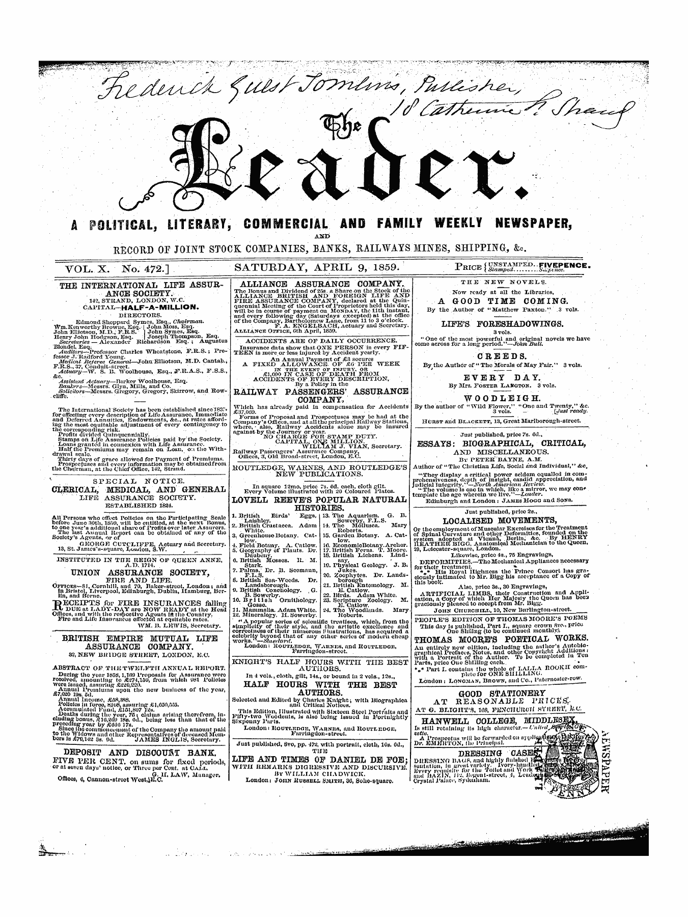 Leader (1850-1860): jS F Y, 1st edition - Untitled Ad