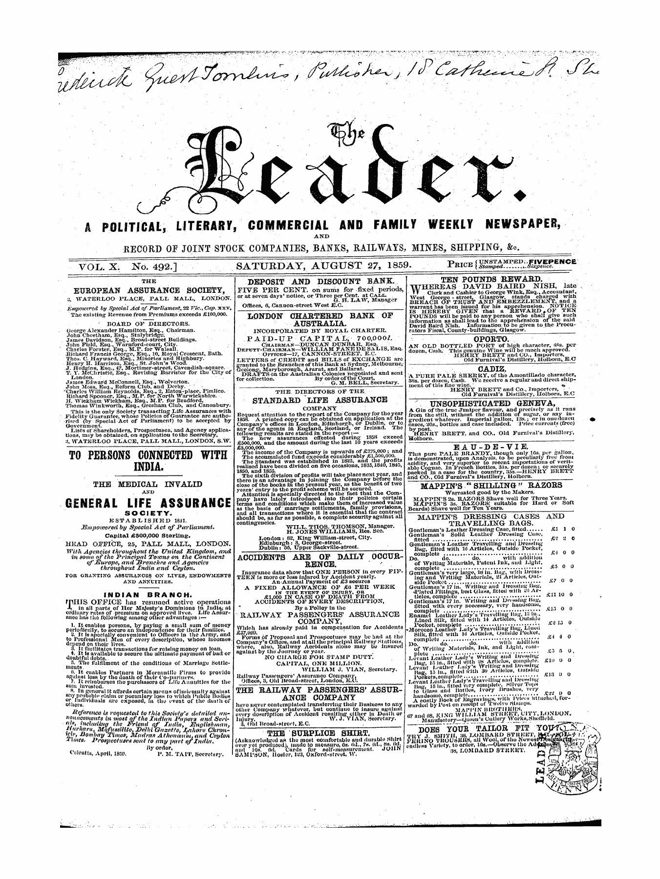 Leader (1850-1860): jS F Y, 1st edition - Untitled Ad