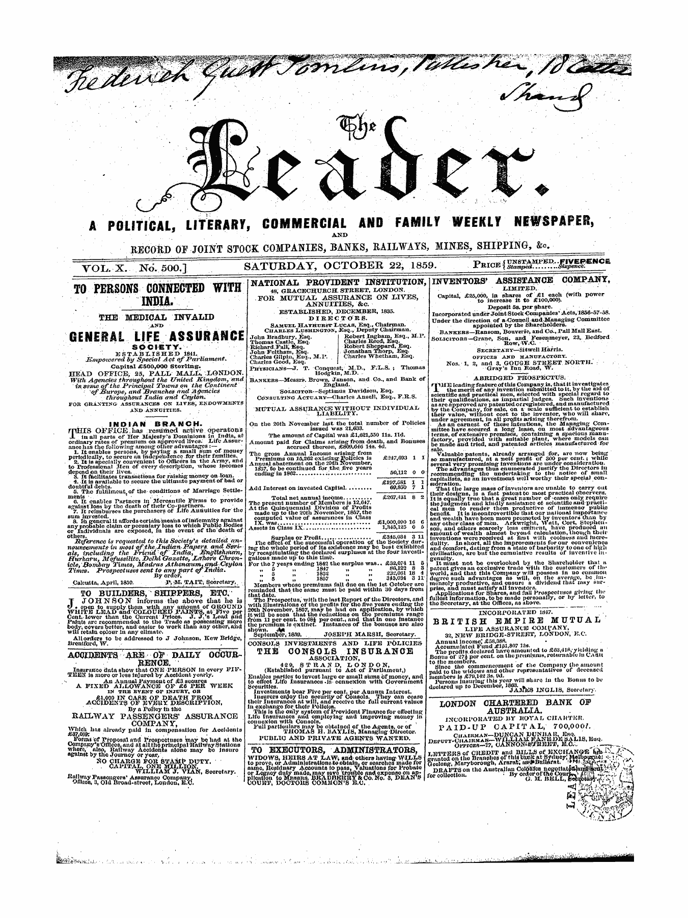 Leader (1850-1860): jS F Y, 1st edition - To Persons Gonlfected With Inbil.