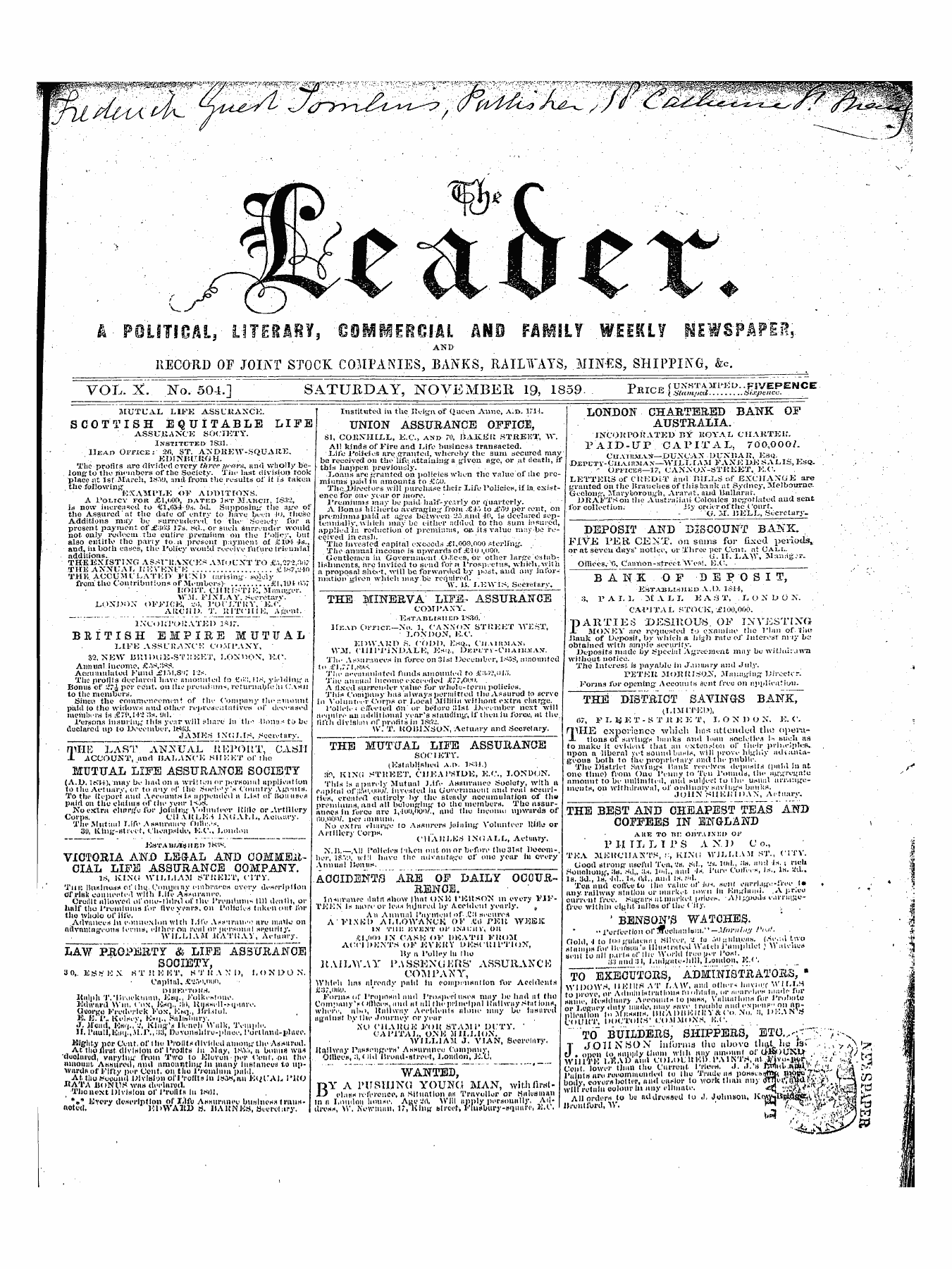 Leader (1850-1860): jS F Y, 1st edition - Untitled Ad