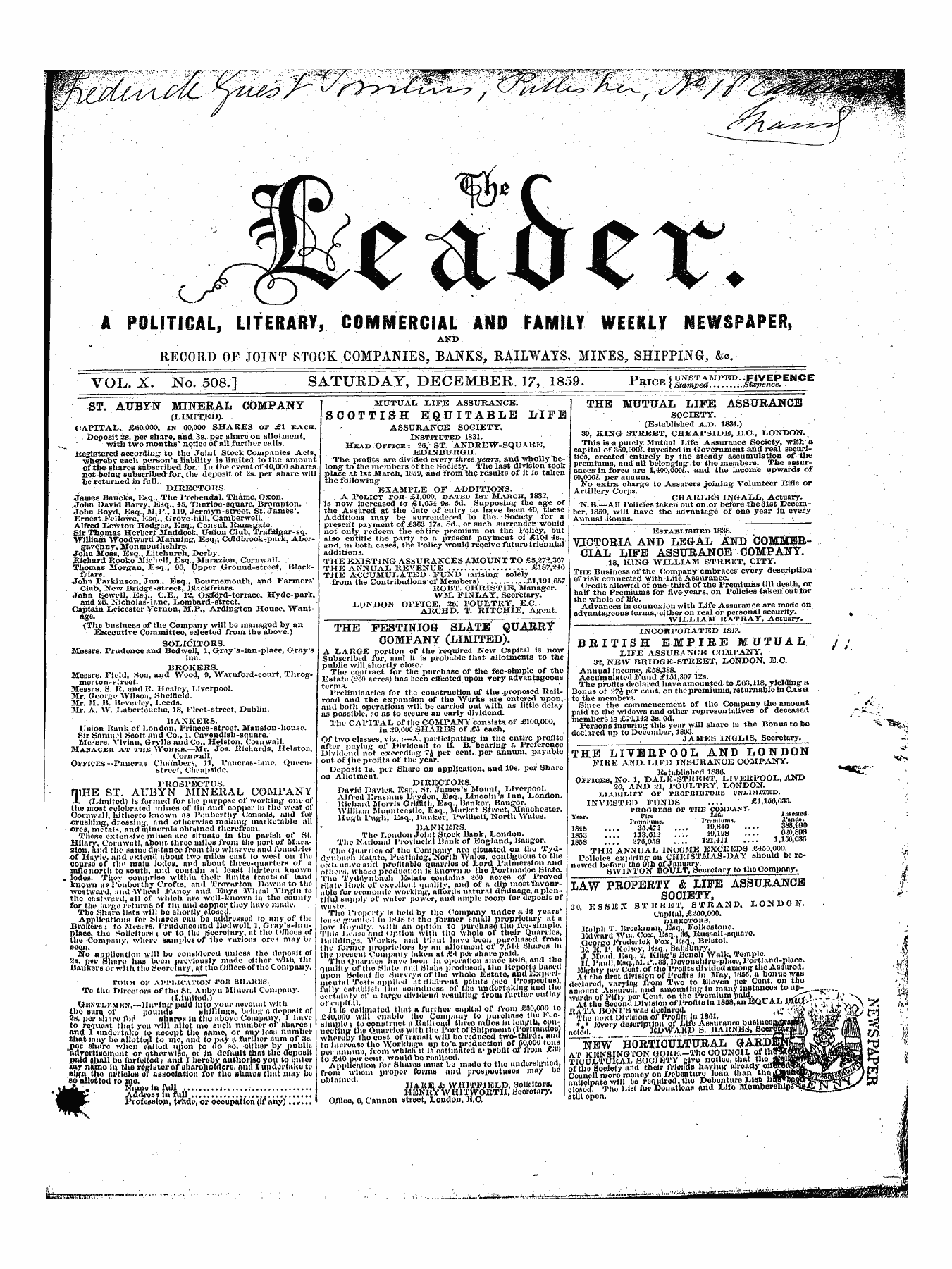 Leader (1850-1860): jS F Y, 1st edition - Untitled Ad