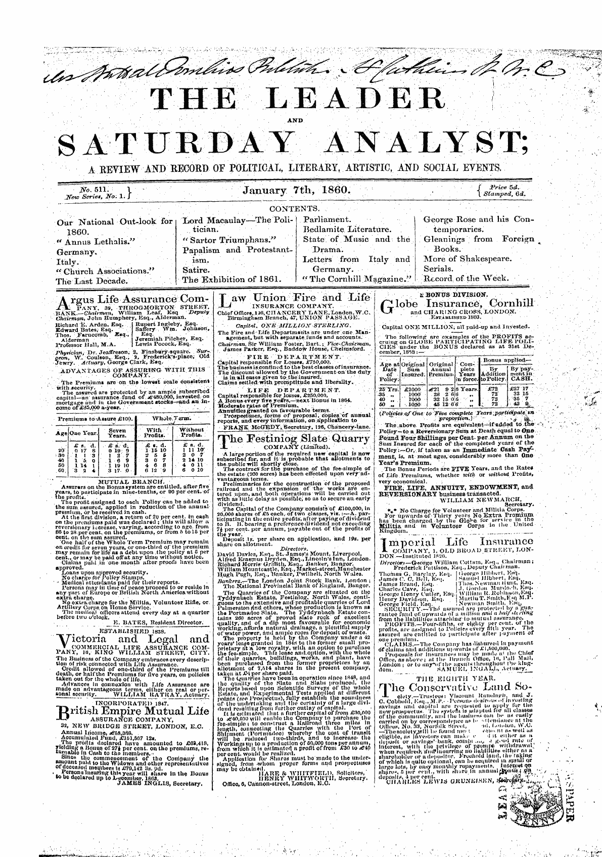 Leader (1850-1860): jS F Y, 1st edition - A Rgus Life Assurance Oom-Jttl Pany. 39, Trrogmorton Street. Bank.—Chair-Man, William Leaf. Ksq Deputy Chairman, John Humphery, Esq., Alderman.