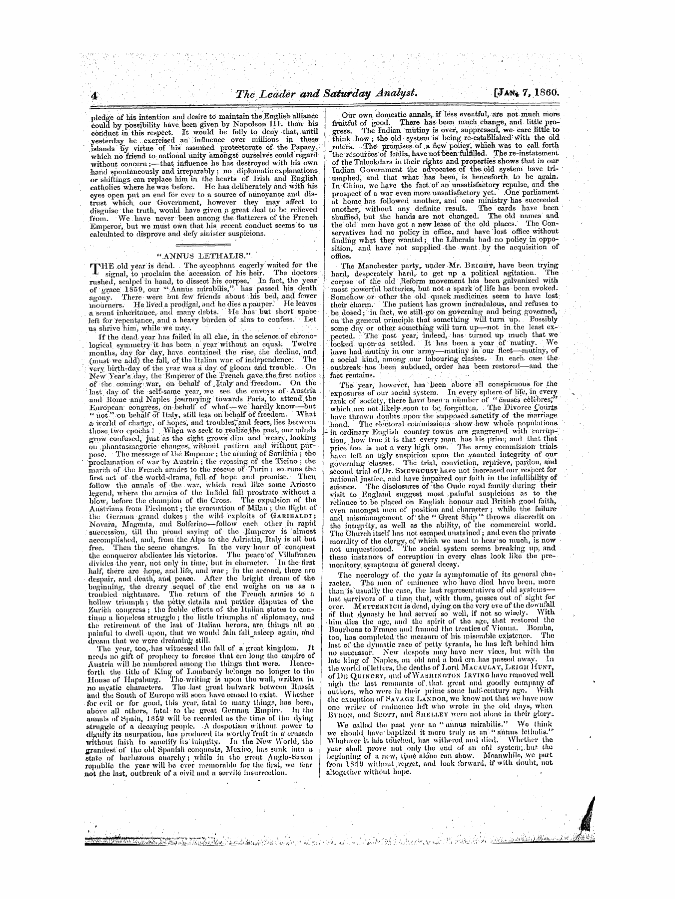 Leader (1850-1860): jS F Y, 1st edition - "Annus Lethalis."