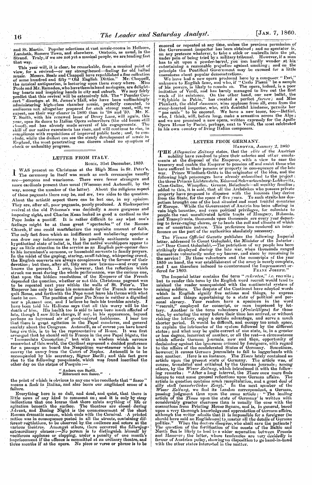 Leader (1850-1860): jS F Y, 1st edition - Letter From Germany.