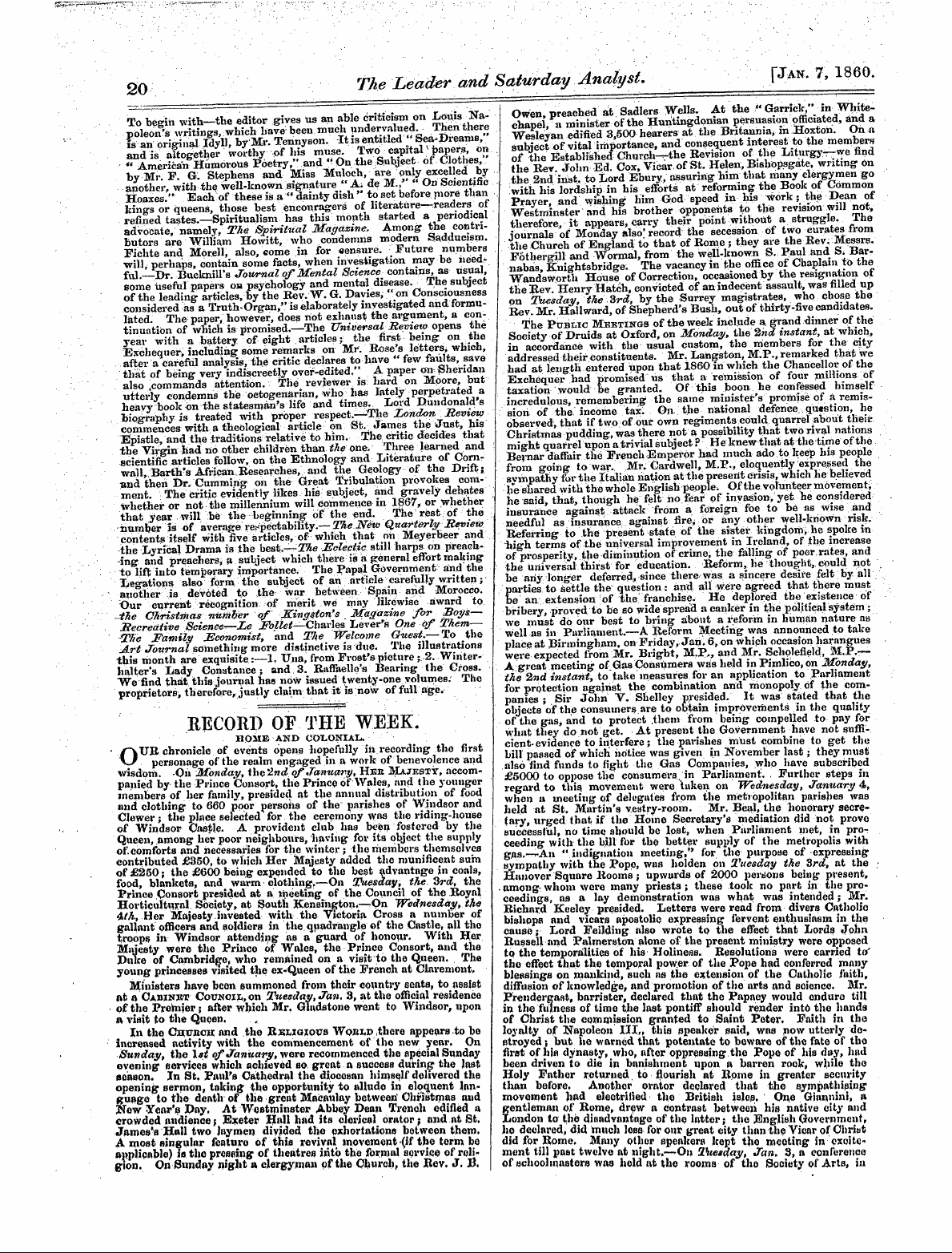 Leader (1850-1860): jS F Y, 1st edition - Record Of The Week. Home And 00x.Onial.