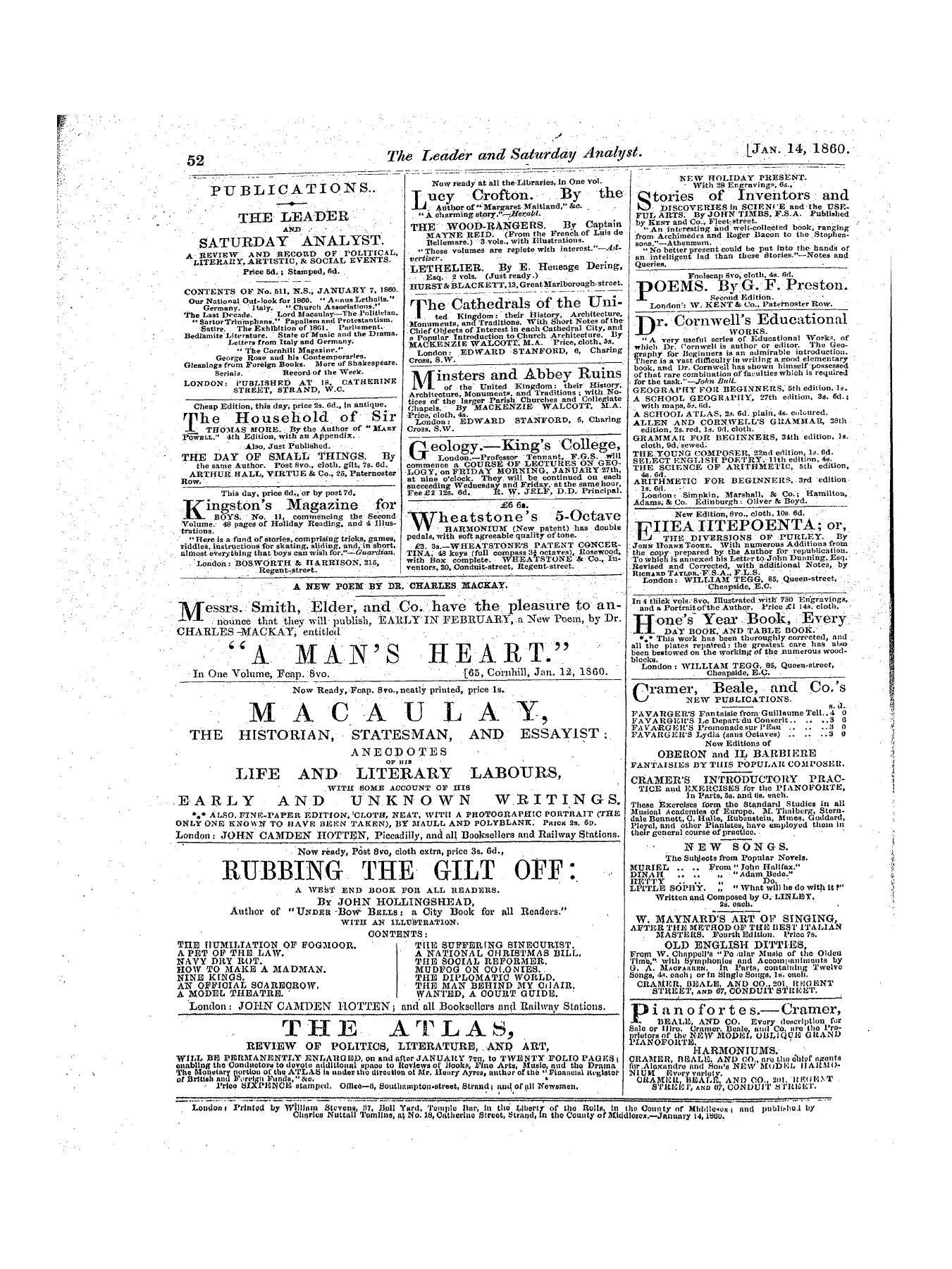 Leader (1850-1860): jS F Y, 1st edition - Untitled Ad