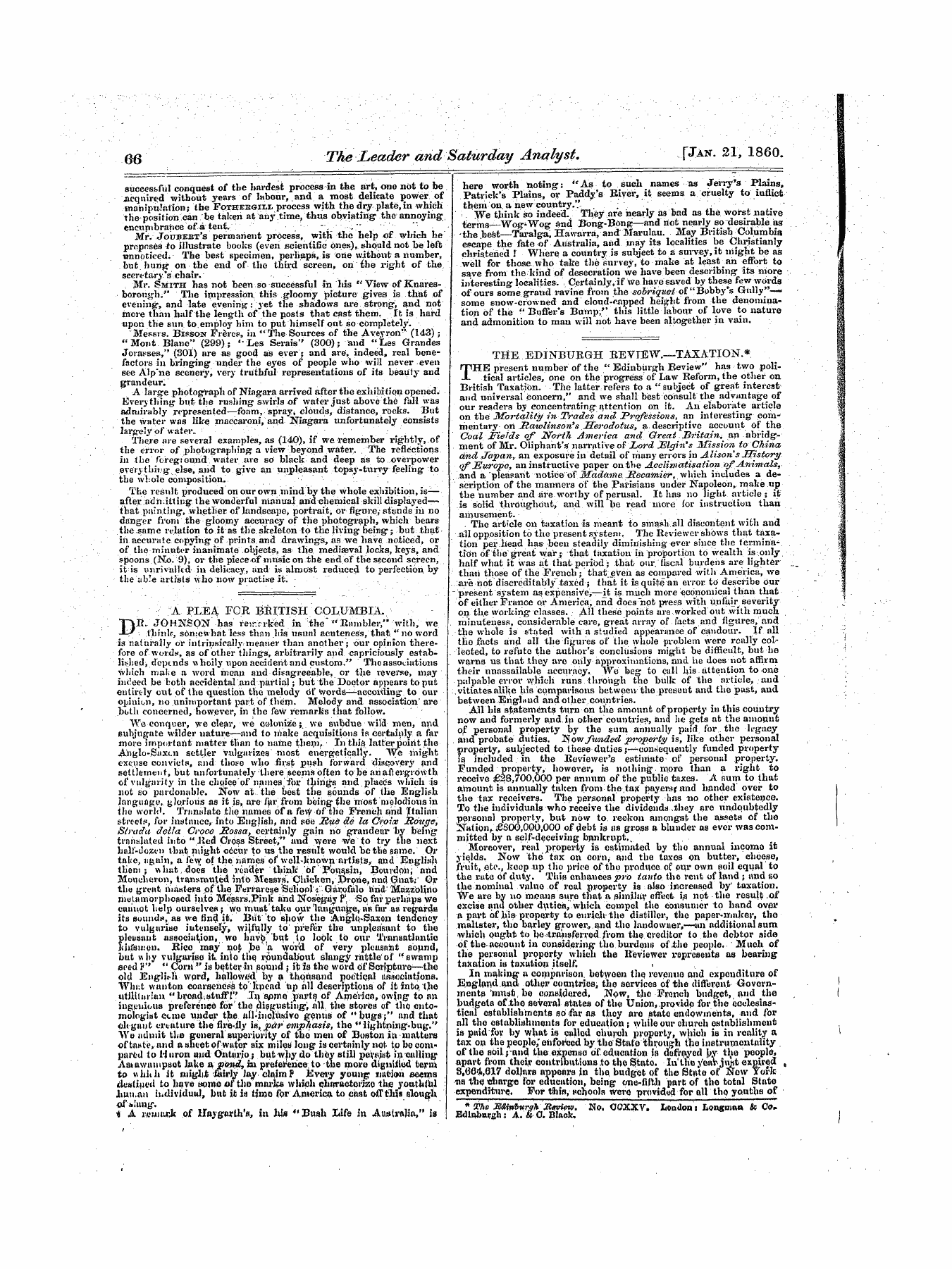 Leader (1850-1860): jS F Y, 1st edition - ; A Plea Ror Beitish Colu]\Ibia.