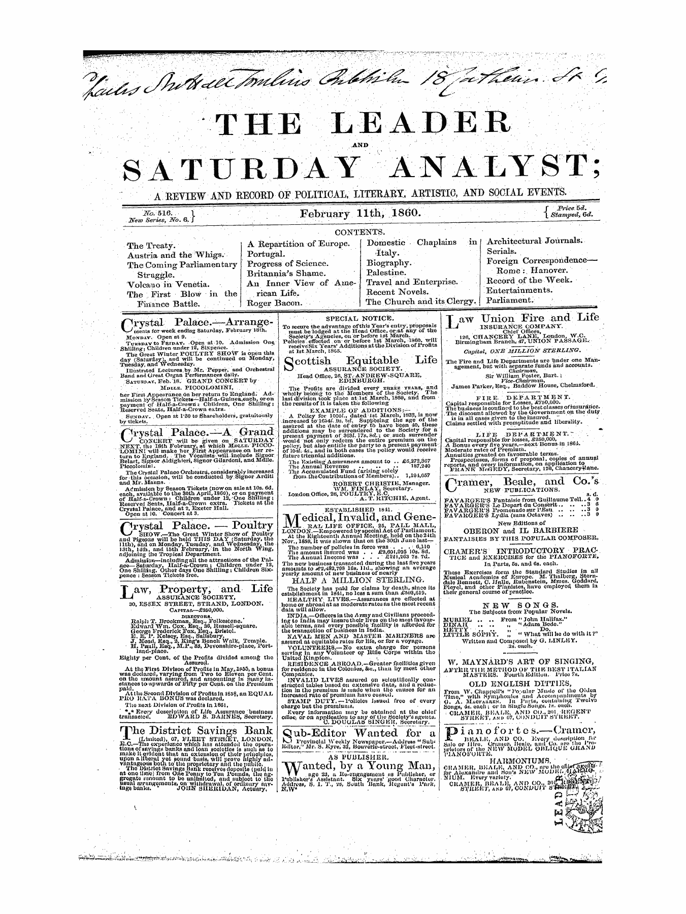 Leader (1850-1860): jS F Y, 1st edition - Crys Tal Palace.--—Arrangenients For Week Ending Saturday, February 18th. At 9