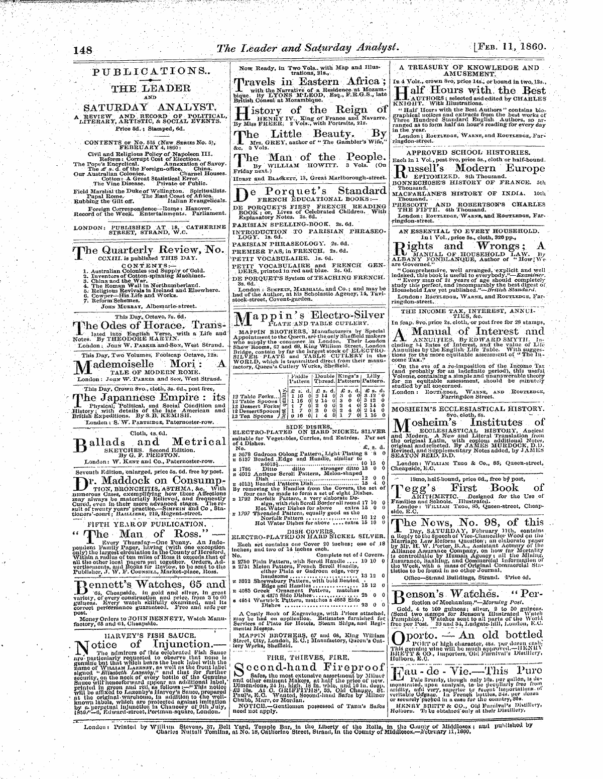 Leader (1850-1860): jS F Y, 1st edition - Untitled Ad