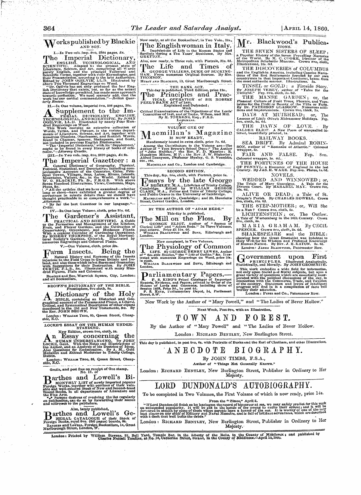 Leader (1850-1860): jS F Y, 1st edition - Untitled Ad