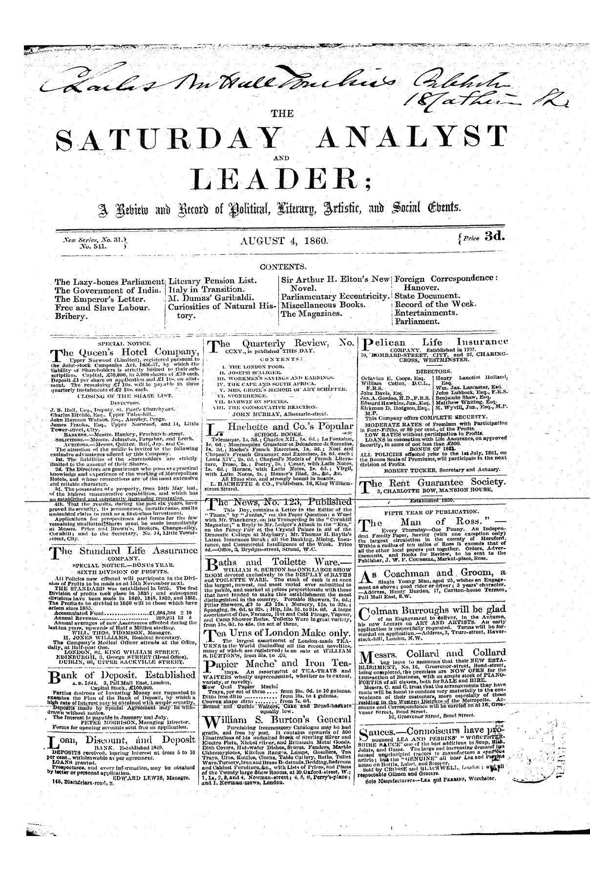 Leader (1850-1860): jS F Y, 1st edition - Special Notice. ! The Queen's Hotel Company, ' Uppernorwood (Limited), -Registered Pursuant To J Hich Tin