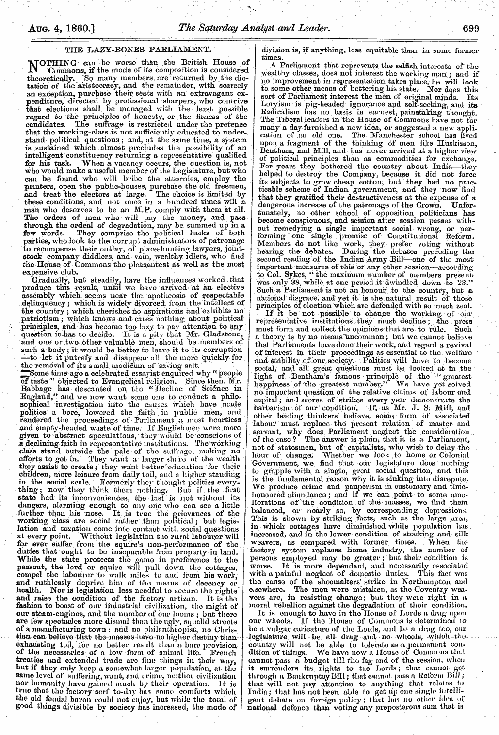 Leader (1850-1860): jS F Y, 1st edition - The Lazy-Bones Parliament.