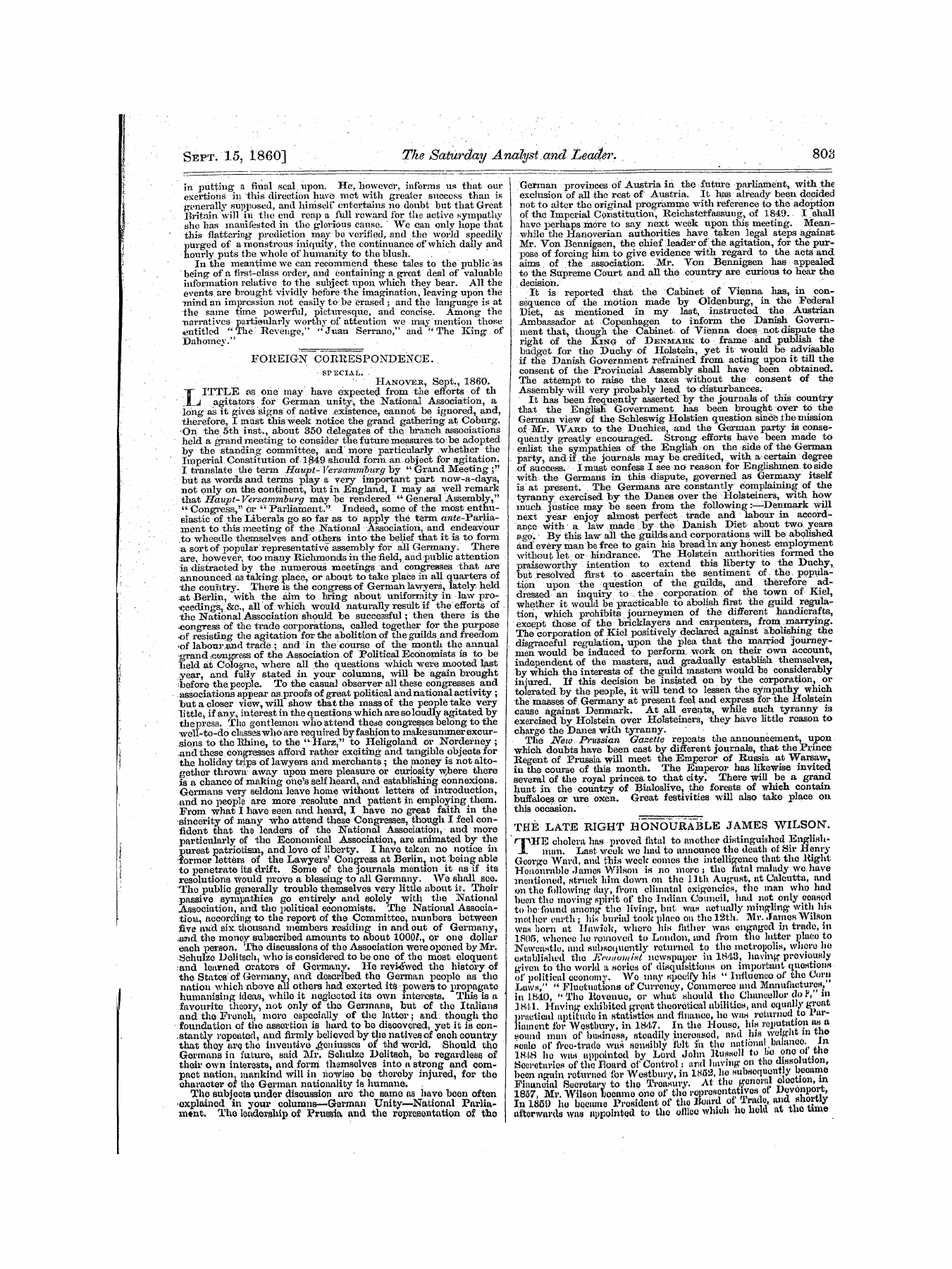 Leader (1850-1860): jS F Y, 1st edition - Foreign Correspondence.