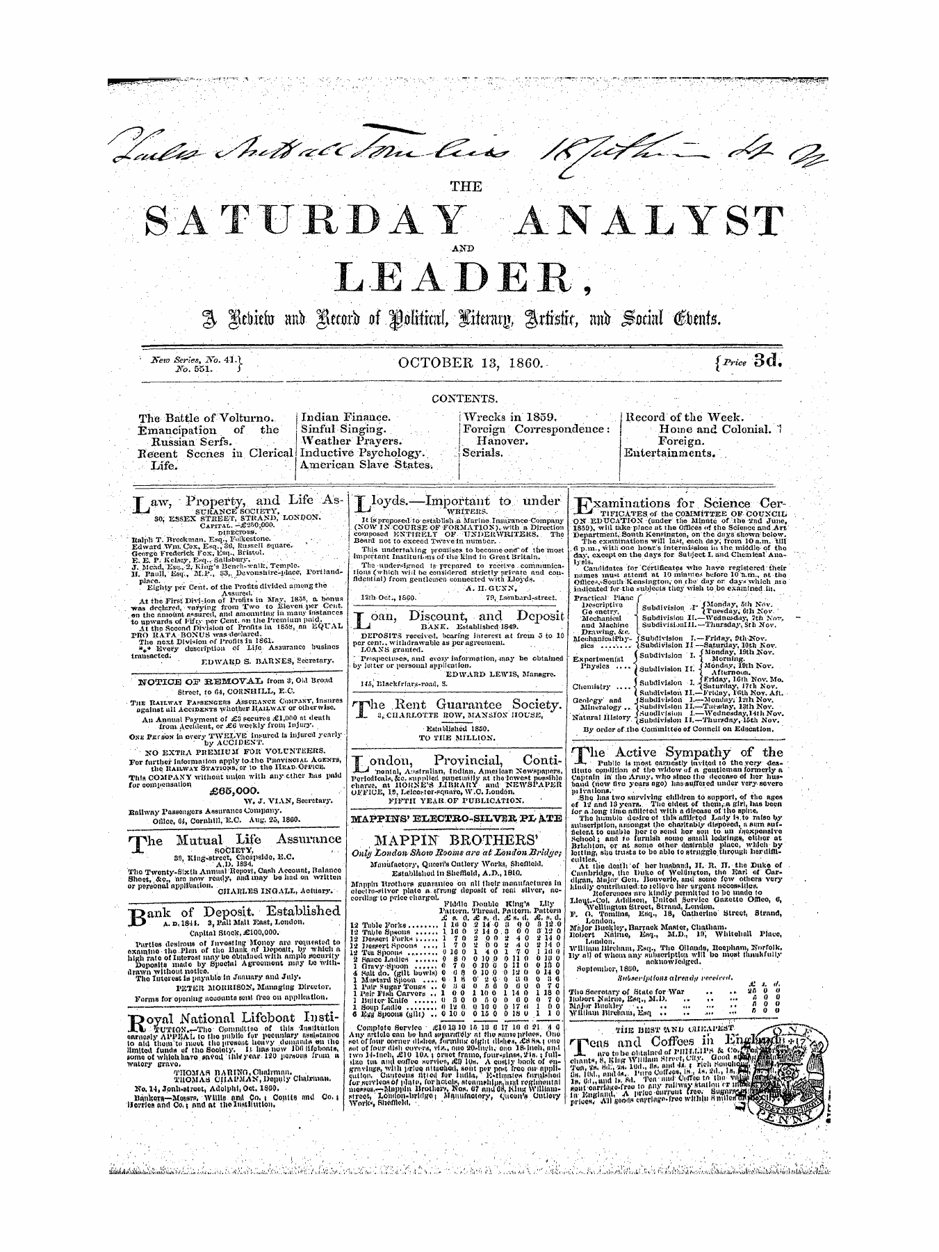 Leader (1850-1860): jS F Y, 1st edition - T Aw, Property, A^Id Life As-¦ Fl. J Sttkance Society, So; Essex Stkeet, Stkaxd, Lonpon-.. Capital.-^T'Soioog. ¦ Lls