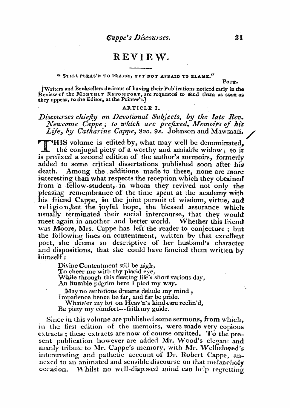 Monthly Repository (1806-1838) and Unitarian Chronicle (1832-1833): F Y, 1st edition - Untitled Article