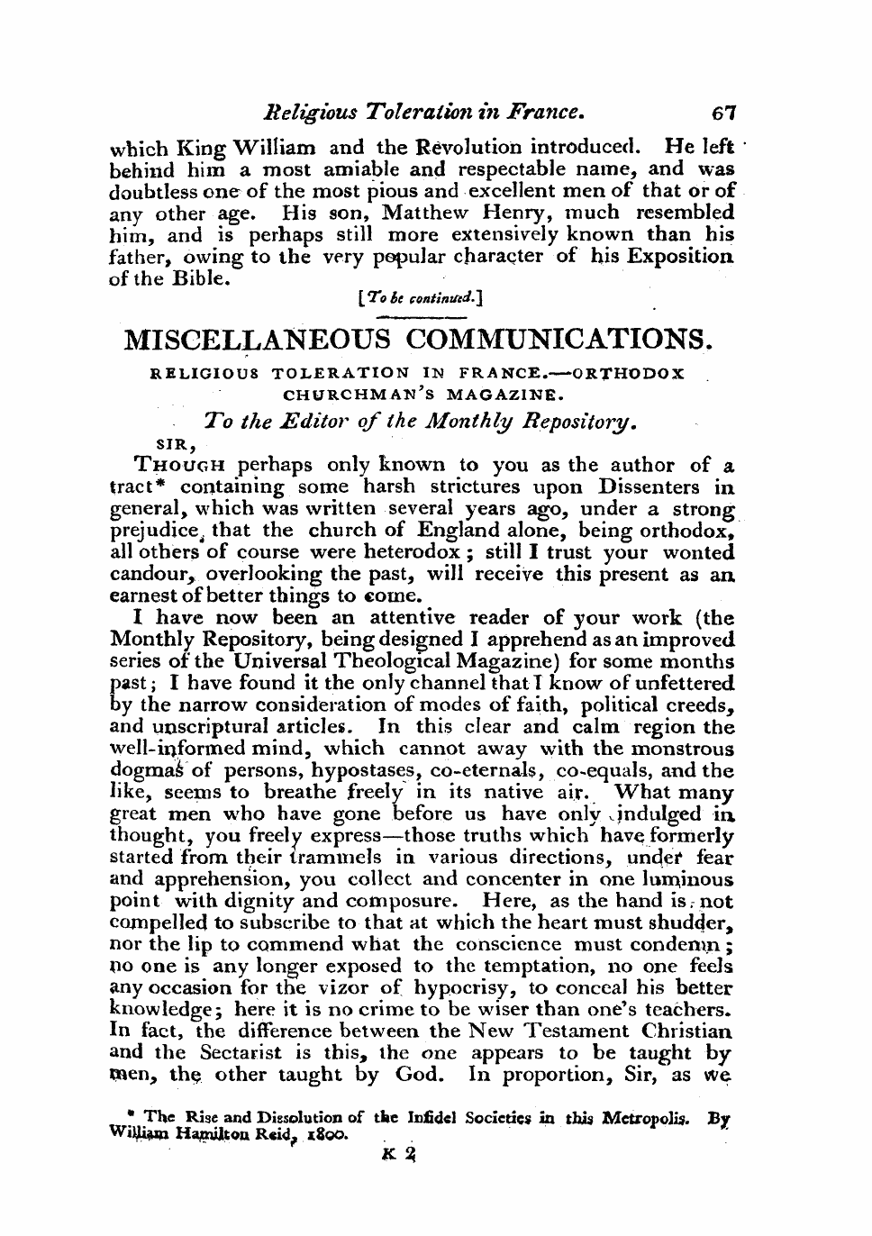 Monthly Repository (1806-1838) and Unitarian Chronicle (1832-1833): F Y, 1st edition - Untitled Article