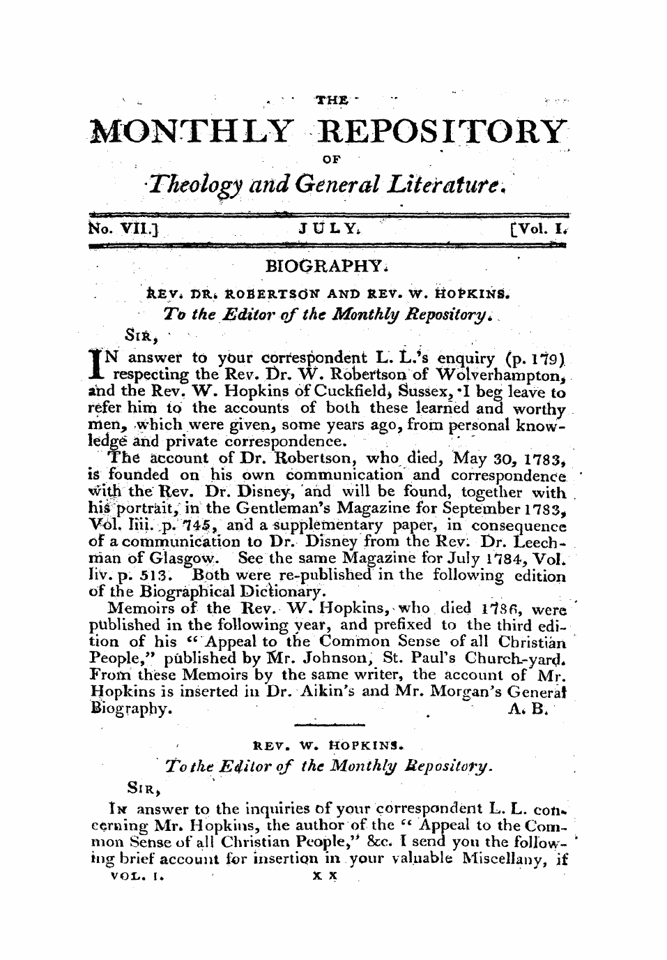 Monthly Repository (1806-1838) and Unitarian Chronicle (1832-1833)