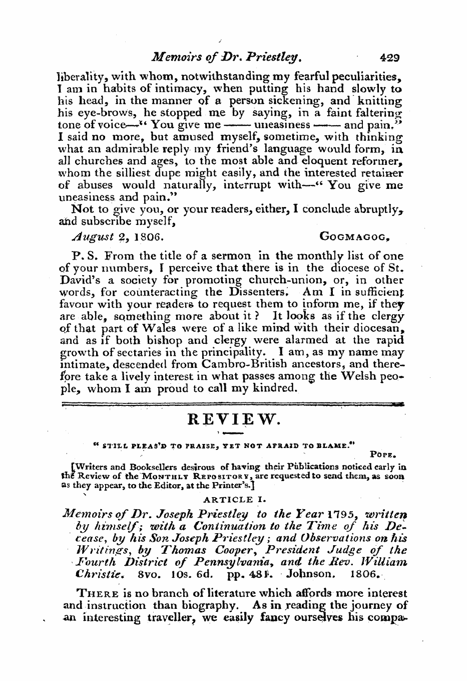 Monthly Repository (1806-1838) and Unitarian Chronicle (1832-1833): F Y, 1st edition - Untitled Article