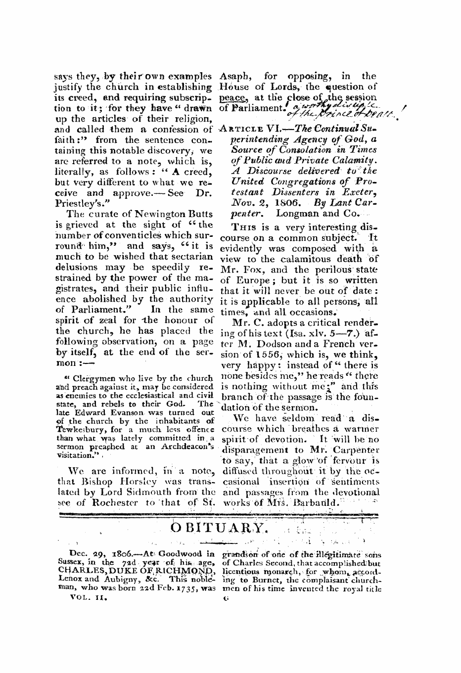 Monthly Repository (1806-1838) and Unitarian Chronicle (1832-1833): F Y, 1st edition - Obituary. I ",