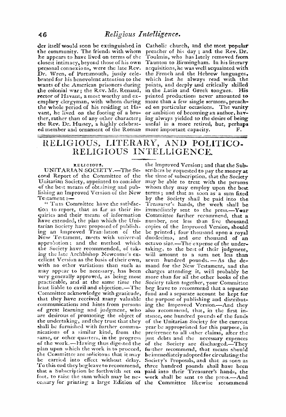 Monthly Repository (1806-1838) and Unitarian Chronicle (1832-1833): F Y, 1st edition - Religious, Literary; And Politico, Religious Intelligence.