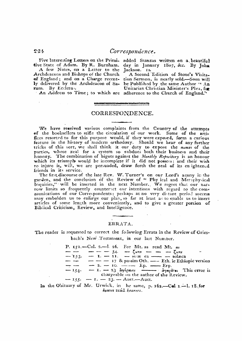 Monthly Repository (1806-1838) and Unitarian Chronicle (1832-1833): F Y, 1st edition - Errata.