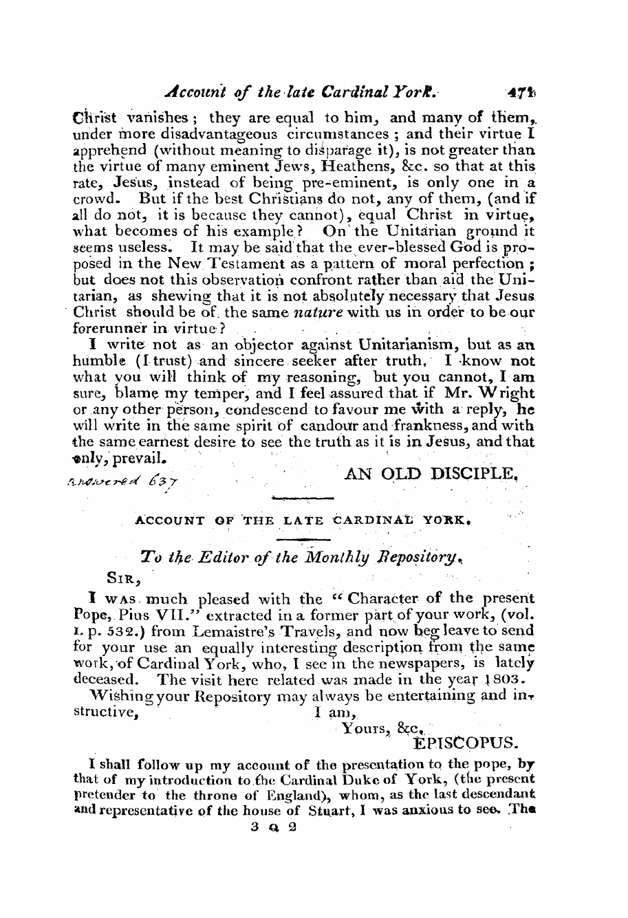 Monthly Repository (1806-1838) and Unitarian Chronicle (1832-1833): F Y, 1st edition - Untitled Article