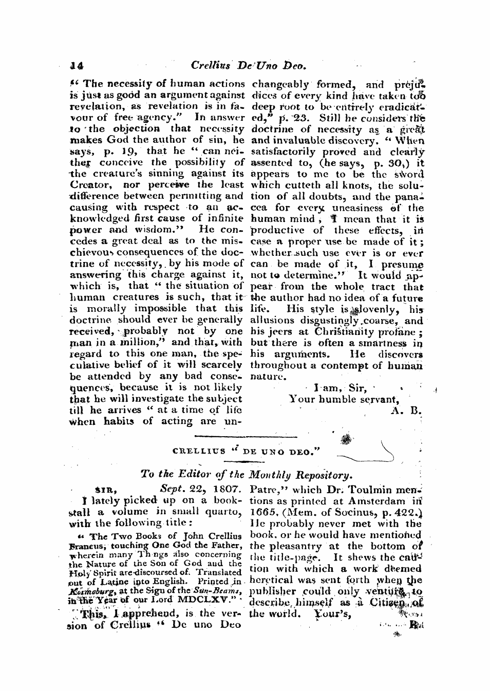 Monthly Repository (1806-1838) and Unitarian Chronicle (1832-1833): F Y, 1st edition - Untitled Article