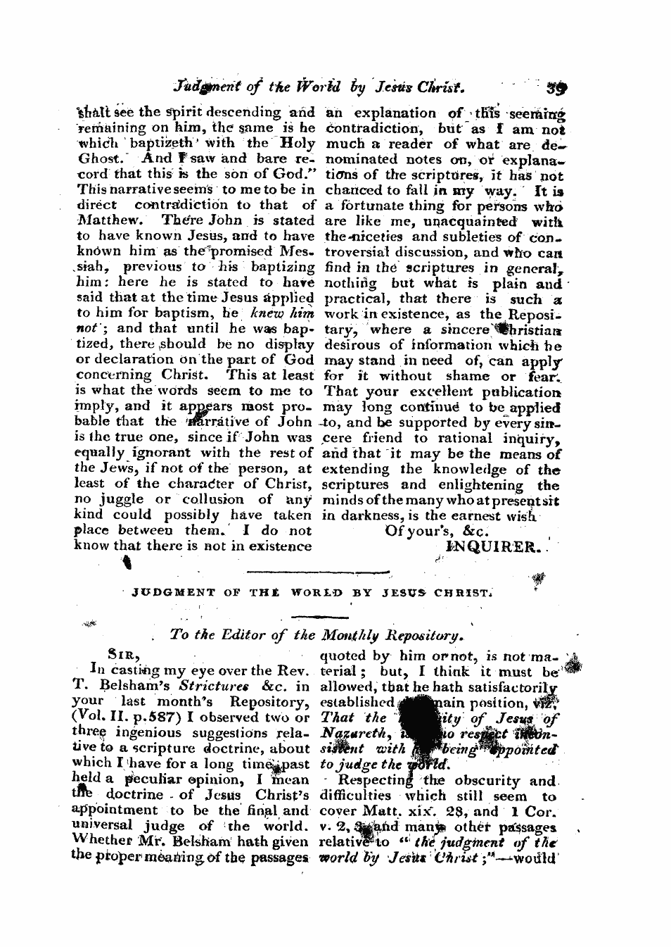 Monthly Repository (1806-1838) and Unitarian Chronicle (1832-1833): F Y, 1st edition - Untitled Article