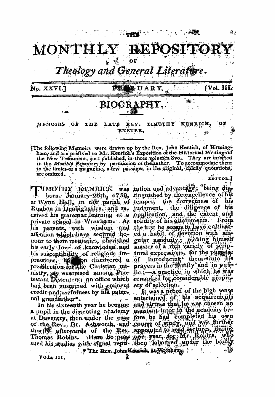 Monthly Repository (1806-1838) and Unitarian Chronicle (1832-1833): F Y, 1st edition - Untitled Article