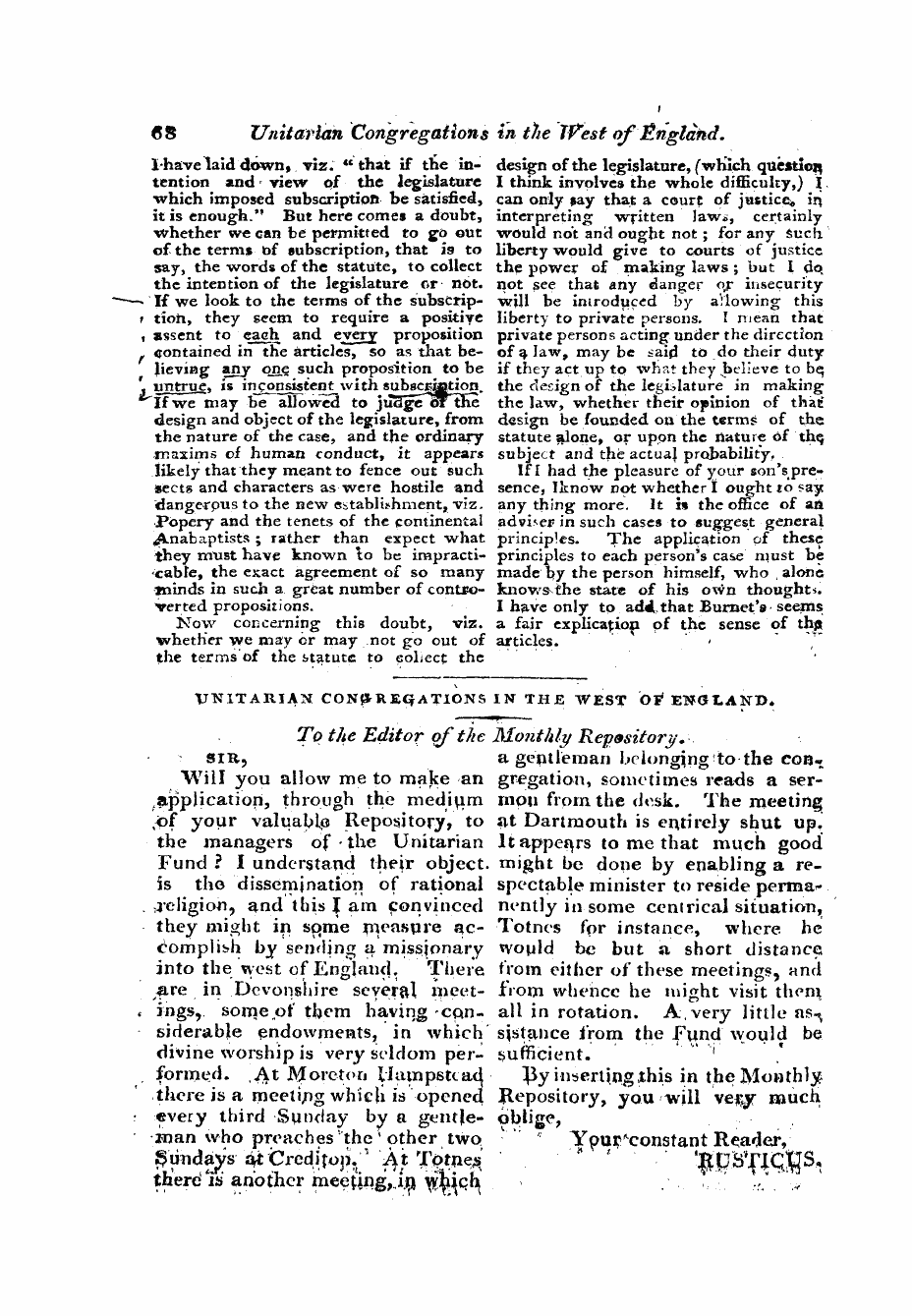 Monthly Repository (1806-1838) and Unitarian Chronicle (1832-1833): F Y, 1st edition - Untitled Article