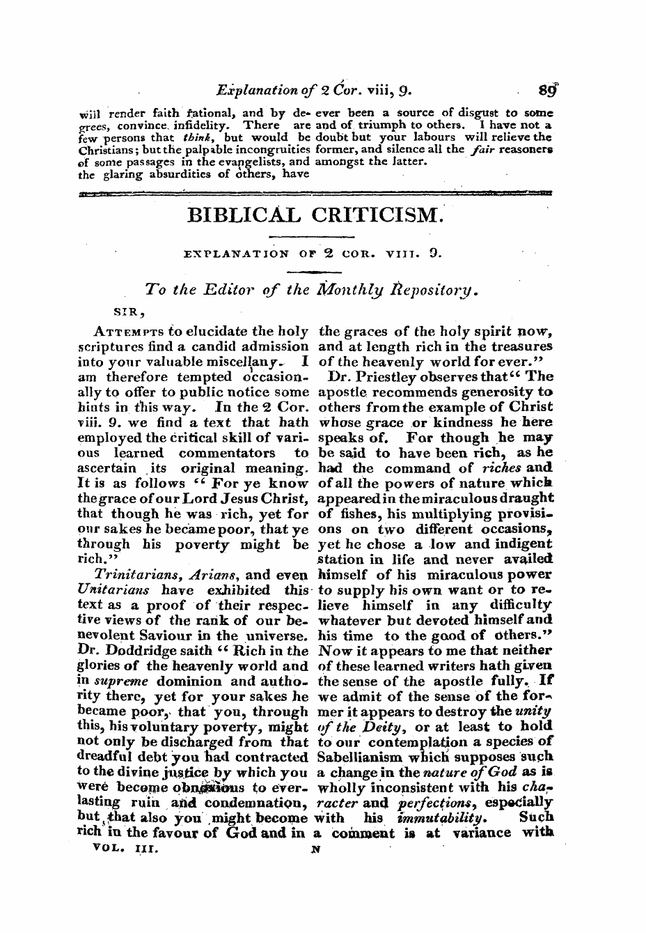 Monthly Repository (1806-1838) and Unitarian Chronicle (1832-1833): F Y, 1st edition - Untitled Article