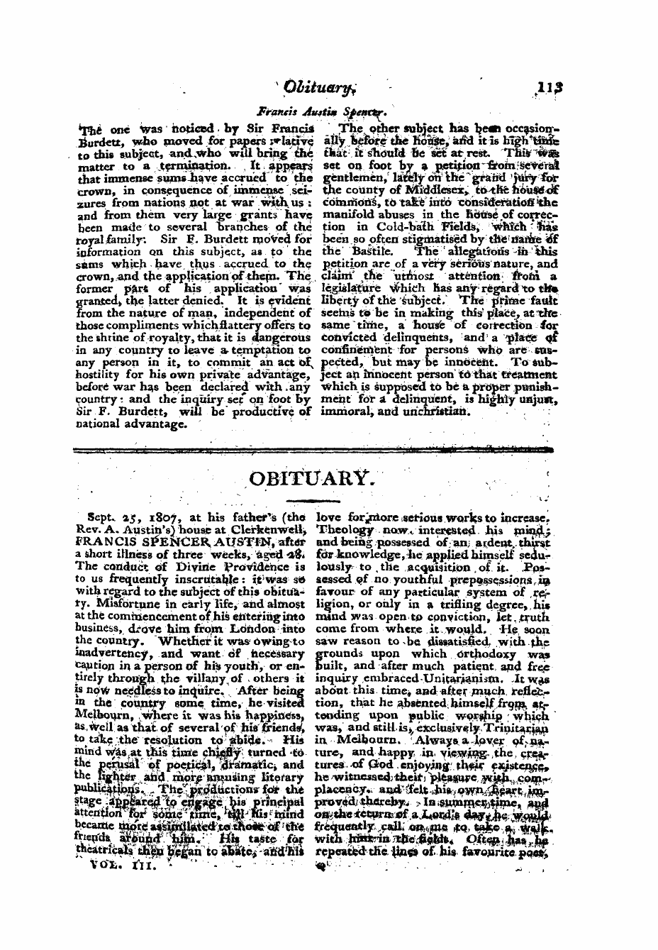 Monthly Repository (1806-1838) and Unitarian Chronicle (1832-1833): F Y, 1st edition - Obituary;