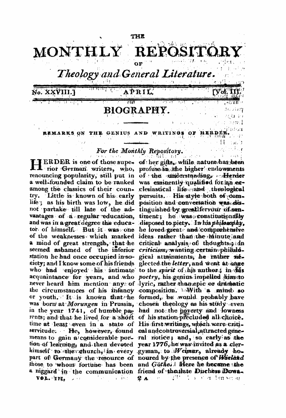 Monthly Repository (1806-1838) and Unitarian Chronicle (1832-1833): F Y, 1st edition - Untitled Article