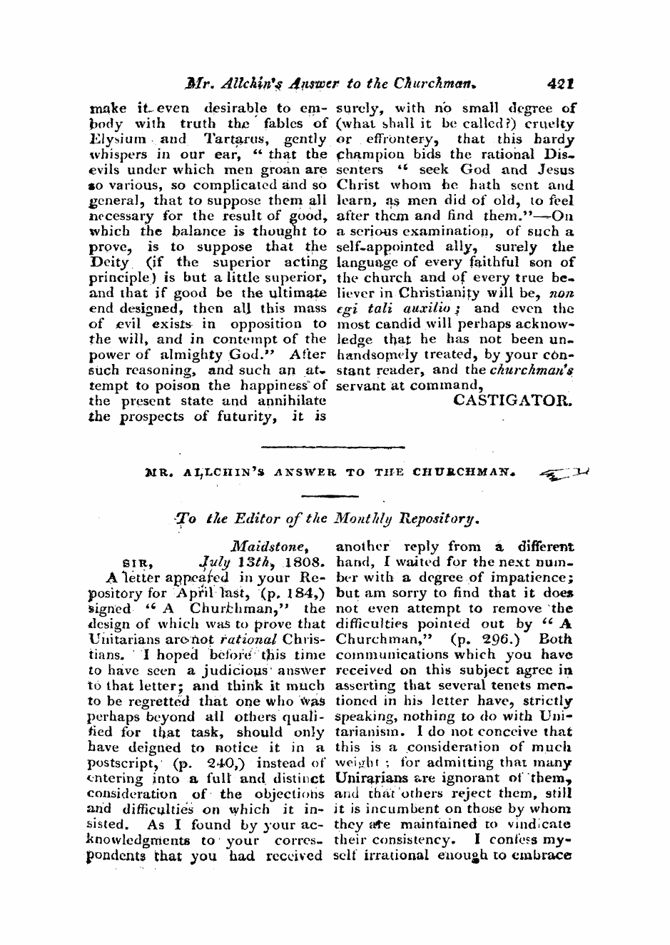 Monthly Repository (1806-1838) and Unitarian Chronicle (1832-1833): F Y, 1st edition - Untitled Article