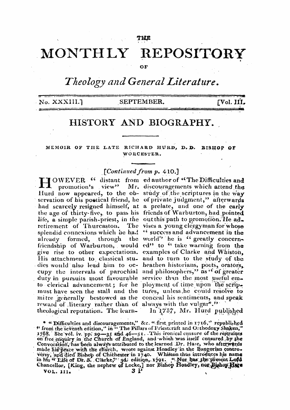 Monthly Repository (1806-1838) and Unitarian Chronicle (1832-1833): F Y, 1st edition - Untitled Article