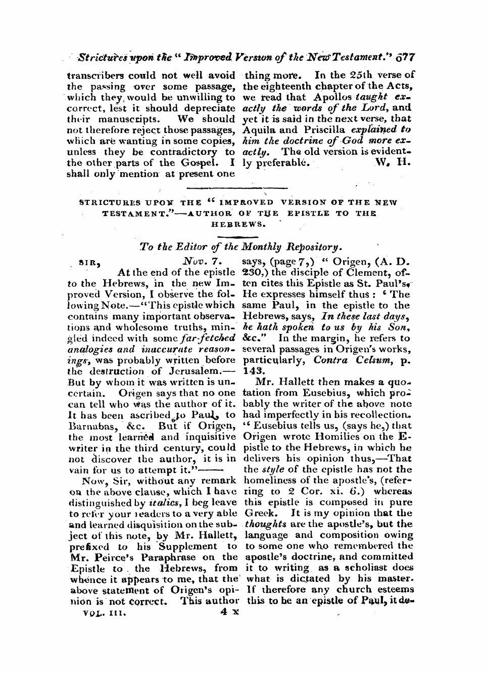 Monthly Repository (1806-1838) and Unitarian Chronicle (1832-1833): F Y, 1st edition - Untitled Article