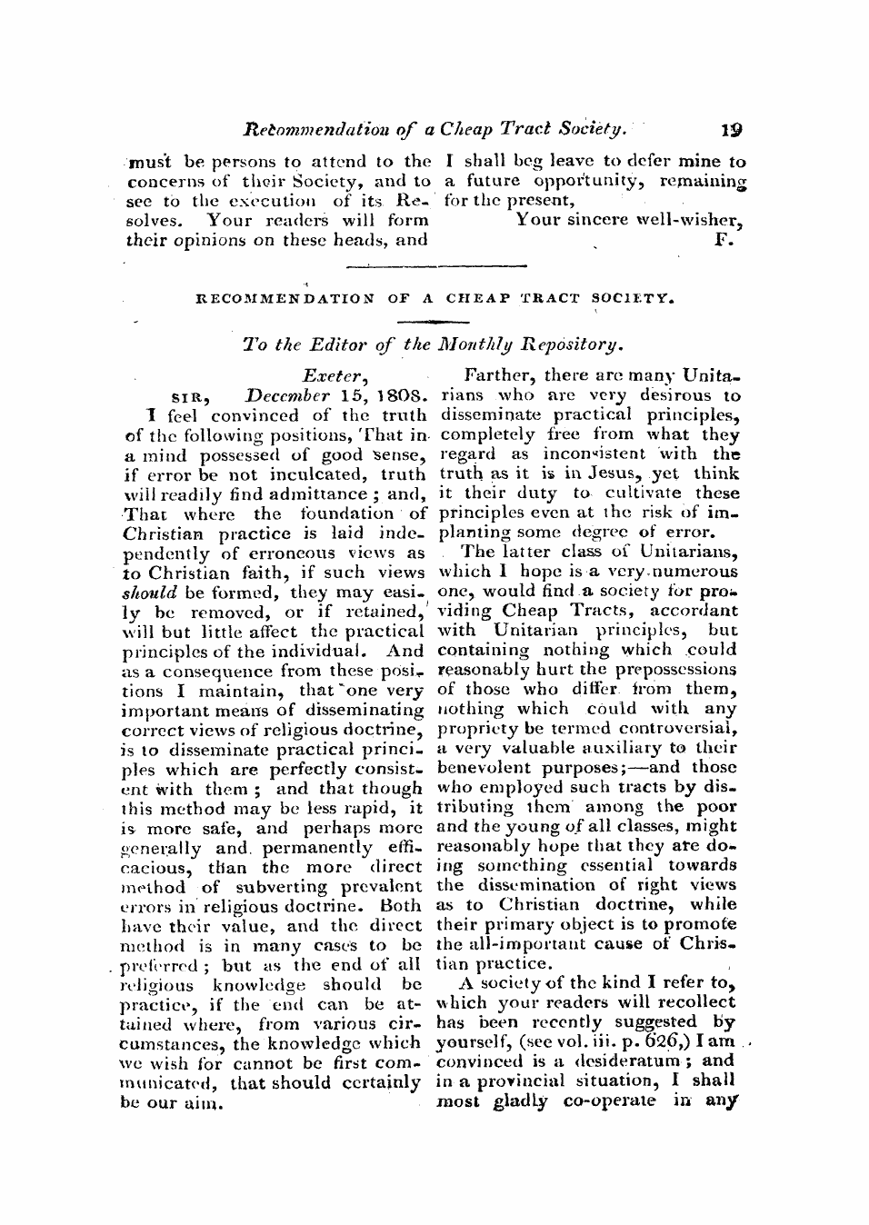 Monthly Repository (1806-1838) and Unitarian Chronicle (1832-1833): F Y, 1st edition: 19