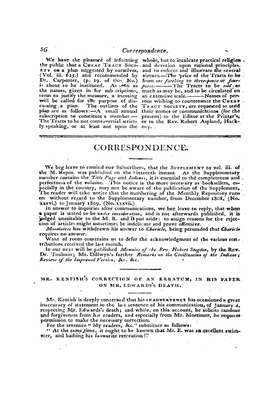 Monthly Repository (1806-1838) and Unitarian Chronicle (1832-1833): F Y, 1st edition - Correspondence.