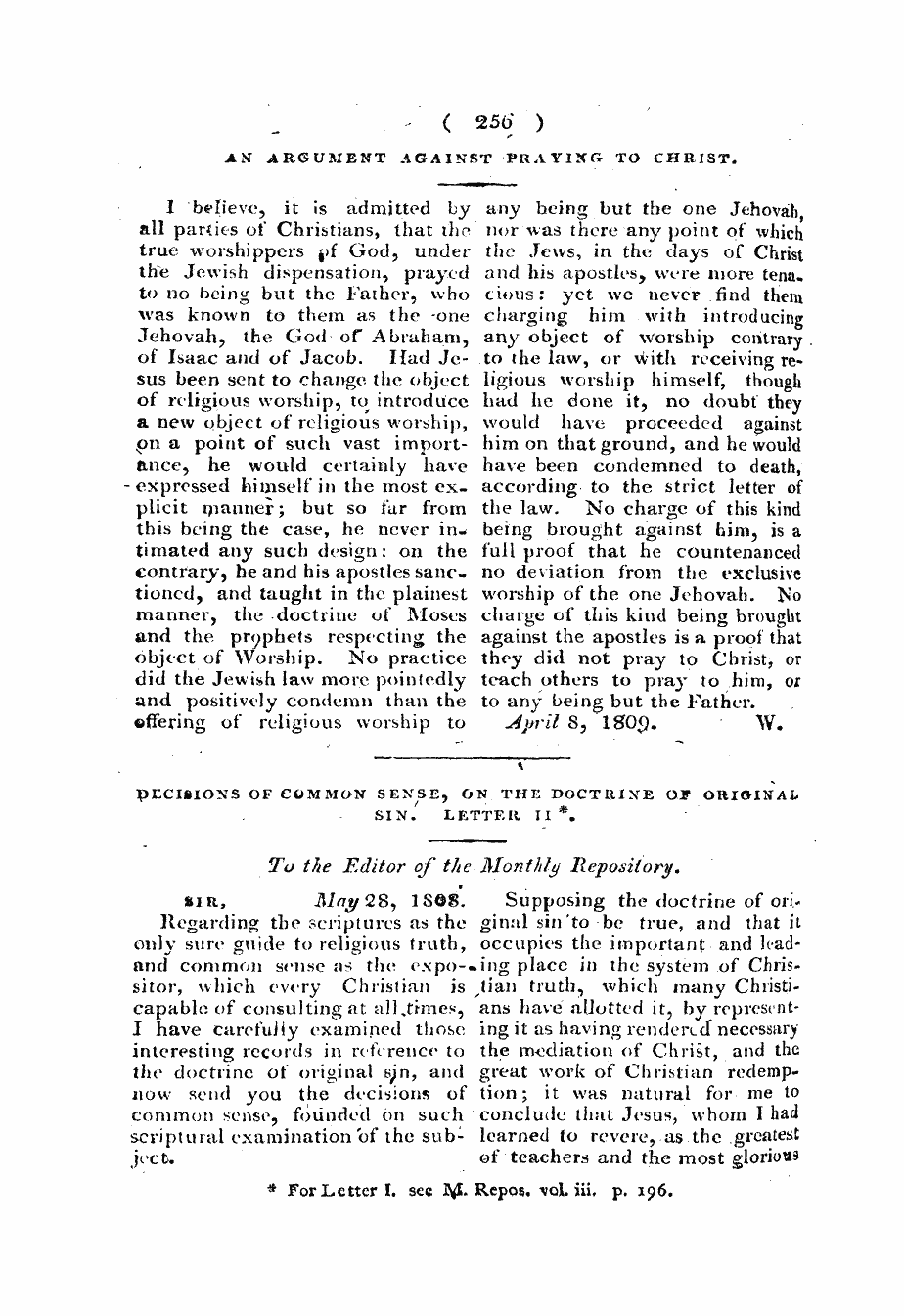 Monthly Repository (1806-1838) and Unitarian Chronicle (1832-1833): F Y, 1st edition - Untitled Article