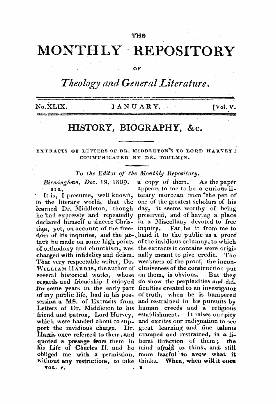 Monthly Repository (1806-1838) and Unitarian Chronicle (1832-1833): F Y, 1st edition - History, Biography, &C.