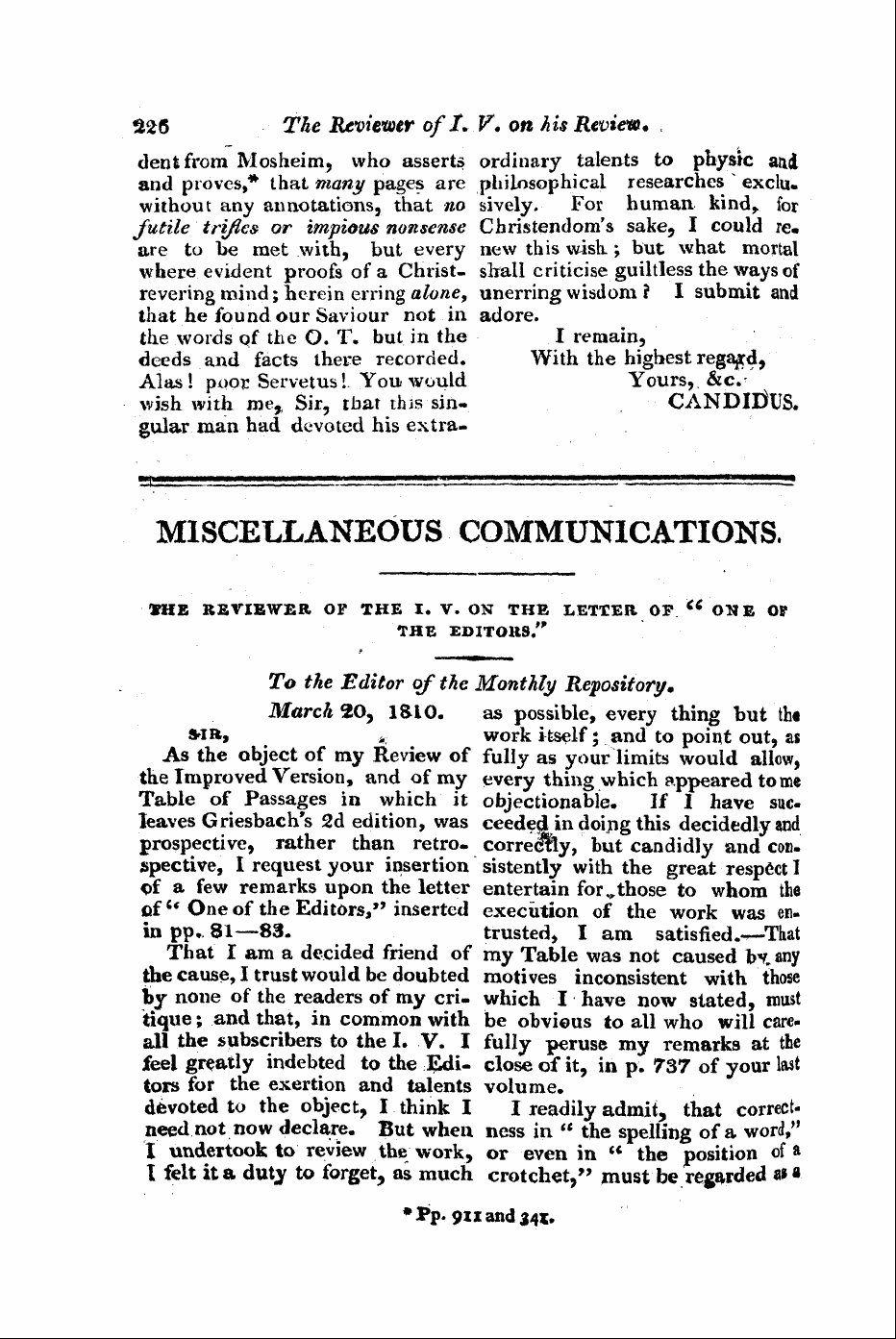 Monthly Repository (1806-1838) and Unitarian Chronicle (1832-1833): F Y, 1st edition - To The Editor Of The Monthly Repository.