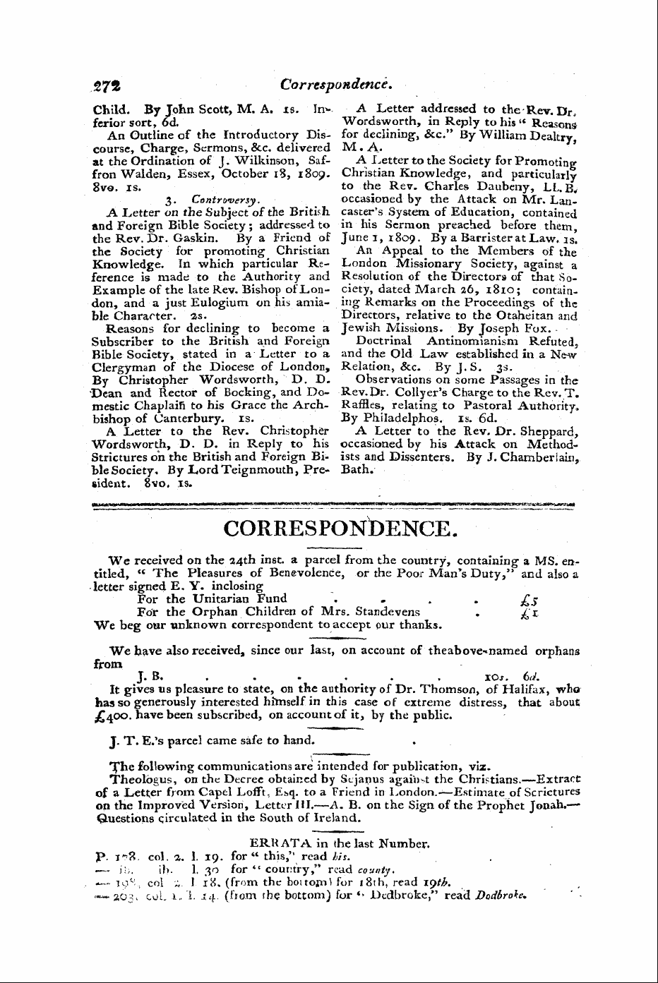 Monthly Repository (1806-1838) and Unitarian Chronicle (1832-1833): F Y, 1st edition - 275 Correspondence.