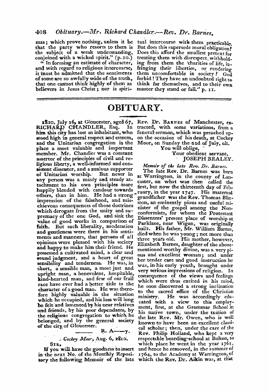 Monthly Repository (1806-1838) and Unitarian Chronicle (1832-1833): F Y, 1st edition - Obituary.