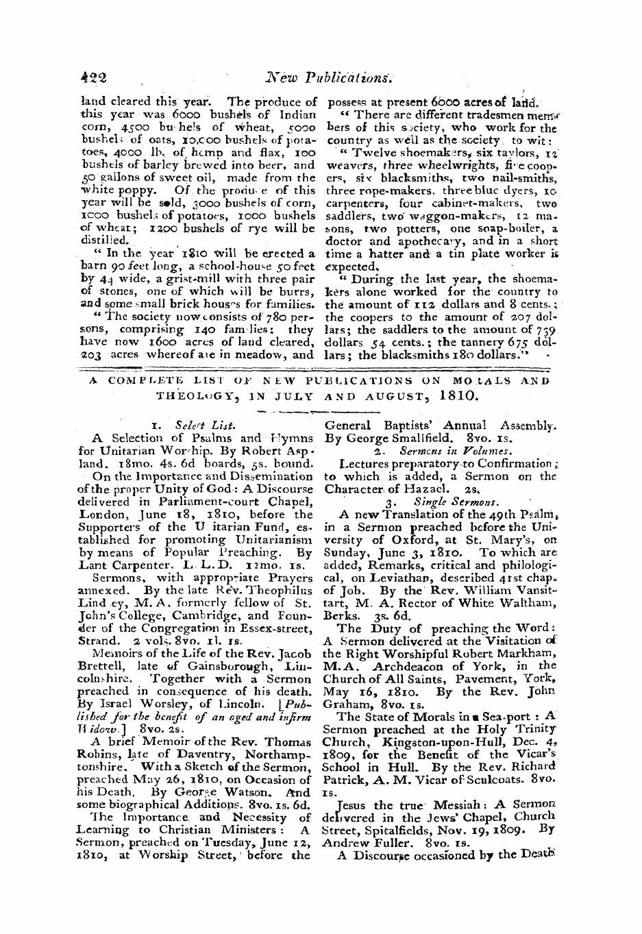 Monthly Repository (1806-1838) and Unitarian Chronicle (1832-1833): F Y, 1st edition - A Complete List Of New Publications- On Mo1al8 And Theology , In July And August , 1810.