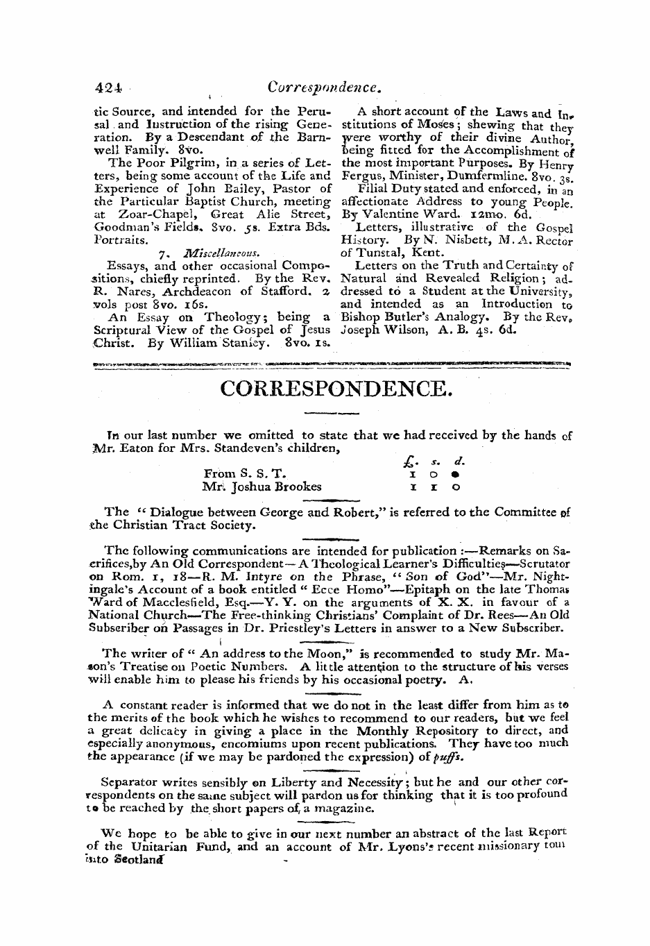 Monthly Repository (1806-1838) and Unitarian Chronicle (1832-1833): F Y, 1st edition - Correspondence.